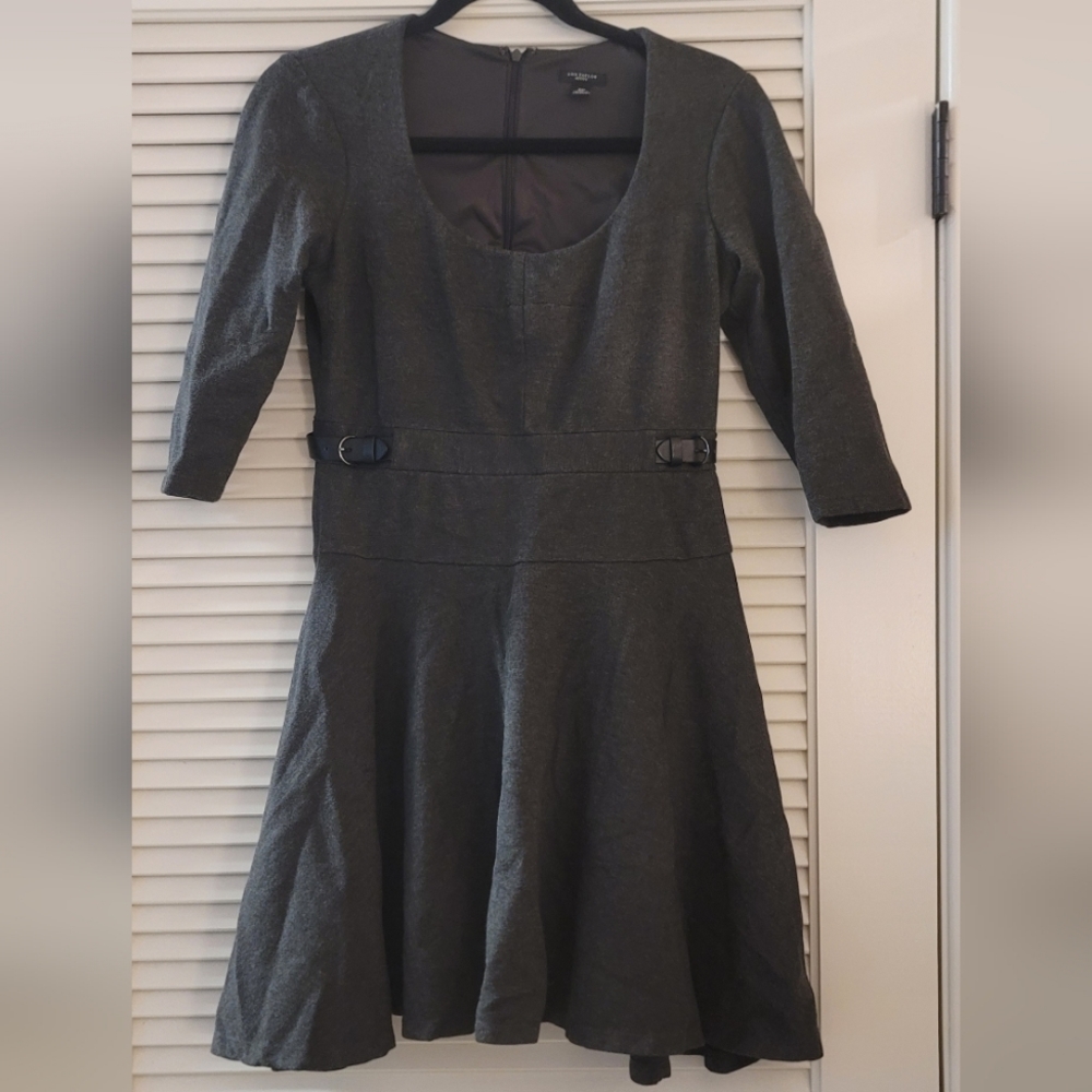 Ann Taylor - (Petite) Grey Long-Sleeve Dress With Faux Buckle Detail